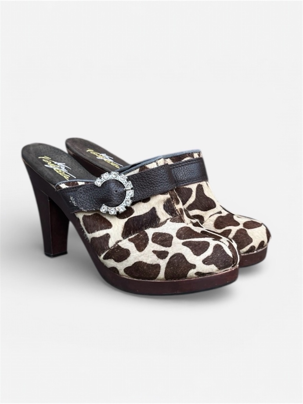 Very Volatile Giraffe Print Leather Fur Covered Wood Heel Mule in Brown Sz 10